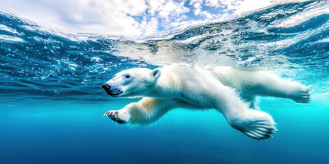 A polar bear is swimming in the ocean