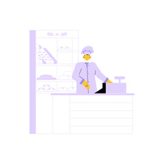 Cashier In Bakery Setting With Display Shelf In Flat Vector Illustration Symbolizing Bakery Business, Customer Service, And Retail, Isolated On White Background.