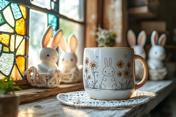Charming bunny mug on rustic windowsill with plush rabbits and stained glass decor