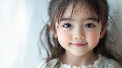 Portrait of young girl with sweet smile, bright eyes, innocent expression, natural beauty, soft background, childlike charm, simple clothing, joyful mood