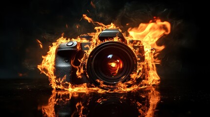 Burning camera against a pure black background