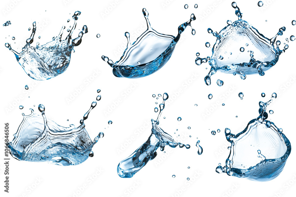 Aufkleber realistic water droplets splashing in various shapes on transparent background, showcasing dynamic m
