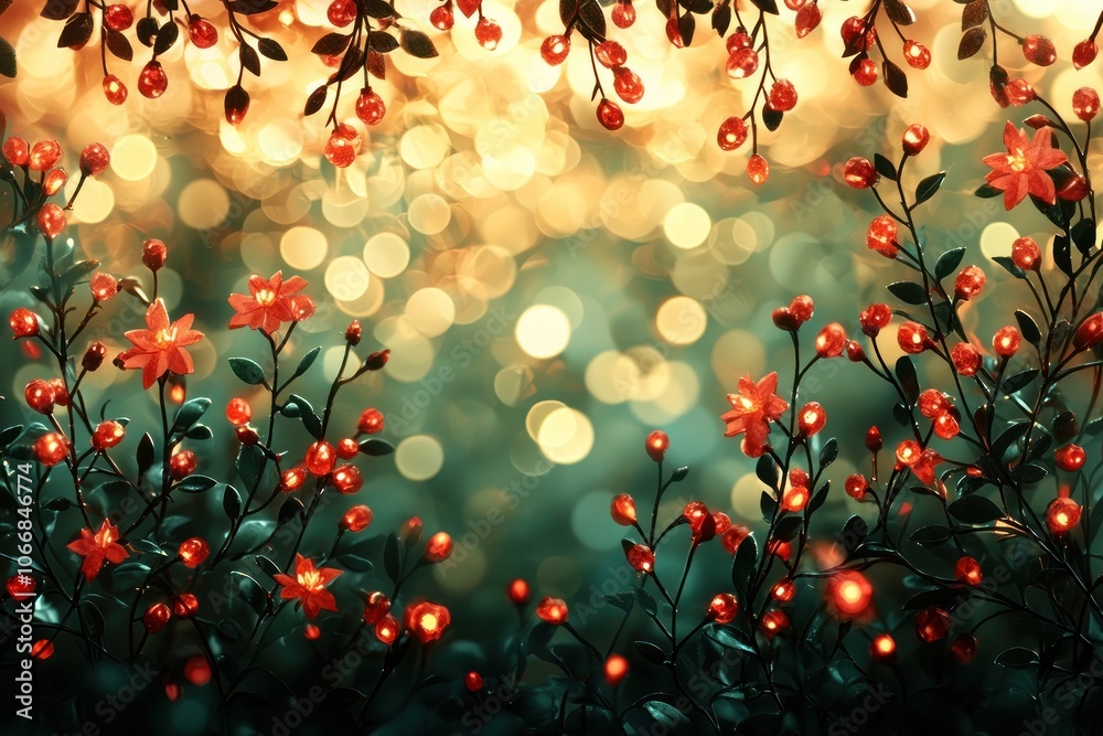 Poster red flowers and berries with a golden bokeh background