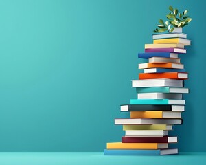 A stack of books with a green leaf on top