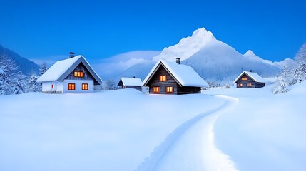 Snowy Mountain Village Cabin Landscape Twilight