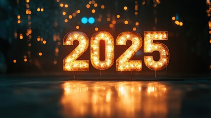 The bright numbers 2025 shine against a beautifully lit backdrop, contributing to a vibrant ambiance perfect for New Year's festivities and celebrations