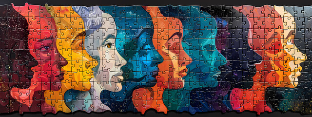 A vibrant puzzle depicting a series of colorful female profiles, showcasing a blend of artistic styles and emotions.