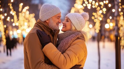 Portrait of happy mature couple hugging against winter park background