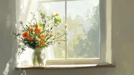Fresh flowers in a vase by a bright window, symbolizing a calm and joyful Sunday morning