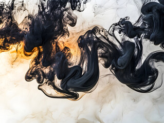 Abstract Flowing Black Ink in Water on Light Background, Mystical Dark Ink Cloud Movement in Water, Macro Close-Up, Flowing Dark Ink Cloud in Water, Surreal Fluid Texture