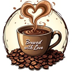 Obraz premium Art of a steaming coffee cup with swirling vapor forming a heart shape, surrounded by coffee beans.