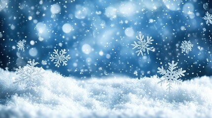 Snowflakes falling on snowy fairytale winter background.