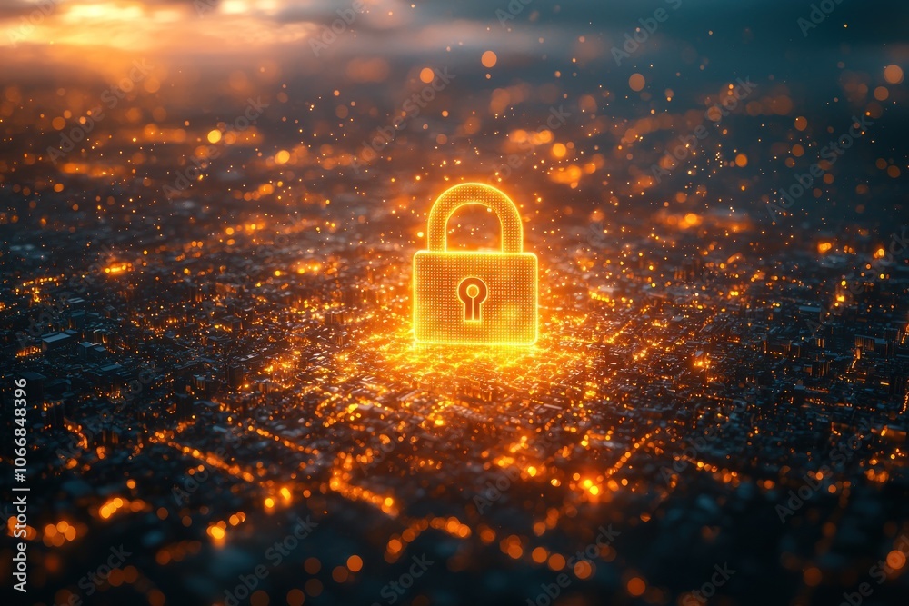 Poster a glowing padlock symbol on a cityscape background with orange lights and particles