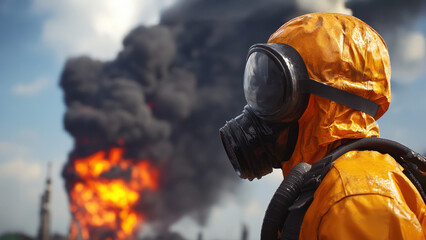 Naklejka premium person in protective suit and gas mask stands near chemical plant fire, showcasing urgency of evacuation and safety measures