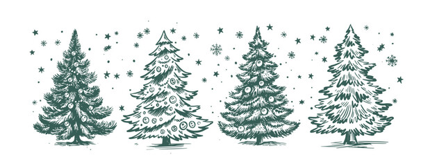 Christmas green tree set on white, hand drawn illustration	
