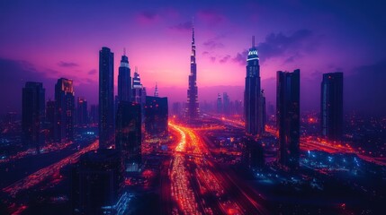 Fototapeta premium Dubai Skyline with Illuminated Highway at Dusk