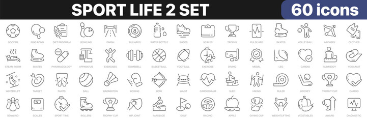 Sport life 2 set line icons collection. Fitness, diet, competition, achievement, target, athletic icons. UI icon set. Thin outline icons pack. Vector illustration EPS10