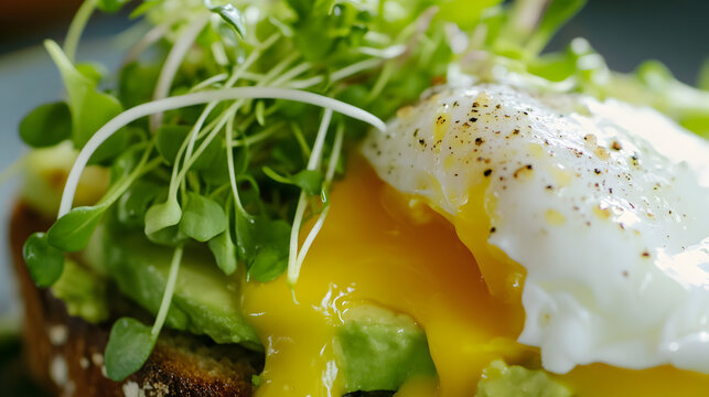 Close-up of avocado toast with poached egg and microgreens.
