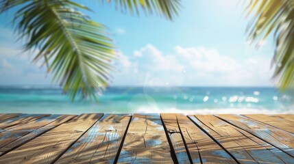 Summer Perspective. Wooden Table on Seaside Pier with Blue Sky and Ocean View