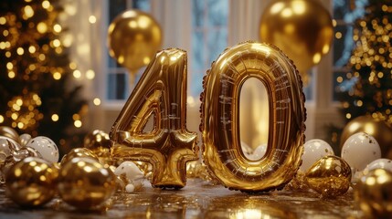 The shiny gold balloons form the number 40, surrounded by festive decorations and ornaments, creating a celebratory ambiance perfect for a milestone birthday or anniversary