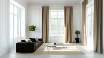 Fototapeta premium Modern Living Room with Tan Curtains, Plush Sofa, and Cream Rug