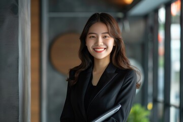 Tablet Asian. Beautiful Young Asian Businesswoman Smiling While Standing