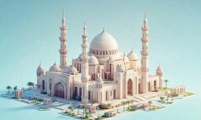Isometric mosque with a large dome and minarets, intricate Islamic architecture, 3D illustration