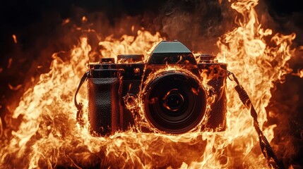 Burning camera against a pure black background