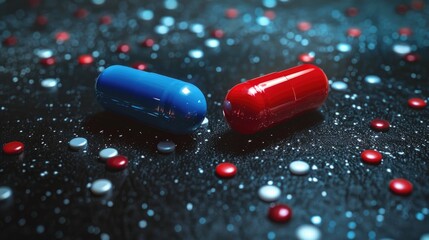 The Matrix: The Choice of Red and Blue Pills. Nerd Concept in Motion Picture Background