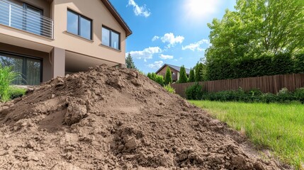 A large pile of dirt in a sunny backyard, surrounded by greenery and a modern house with large windows, creating a vibrant, outdoor setting.