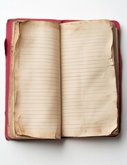 An open journal with aged, lined pages and a distressed cover, showcasing yellowed paper and torn edges, capturing a vintage and nostalgic aesthetic