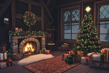 A Christmas room with a tree, gift boxes, and a cozy fireplace with festive lights.