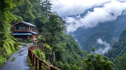 A cliffside road with wooden fences along its edge, guiding towards a mountain house surrounded by dense forest. The sky is mostly covered by white clouds and the rain is falling gently.