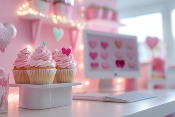 sweet workspace decor, whimsical cupcake doodles and love messages in a cozy pink-themed workspace with a touch of glitter