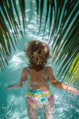 A child girl swims in the pool on vacation. Selective focus.