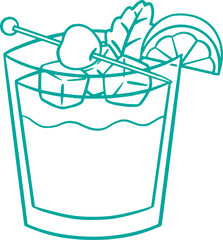 Line art illustration of a glass of mai tai cocktail, coloring page bar menu