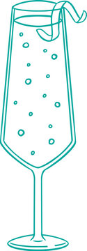 Line art illustration of a glass of french 75 cocktail, coloring page bar menu