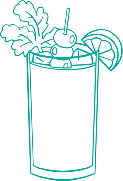 Line art illustration of a glass of bloody marry cocktail, coloring page bar menu