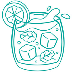 Line art illustration of a glass of mojito, coloring page bar menu