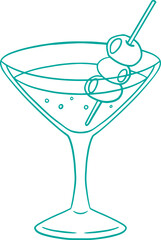Line art illustration of a glass of martini cocktail, coloring page bar menu