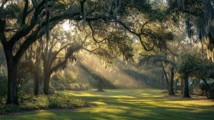 Naklejka premium Quiet park scene with sunlight streaming through trees, perfect for a Sunday nature walk