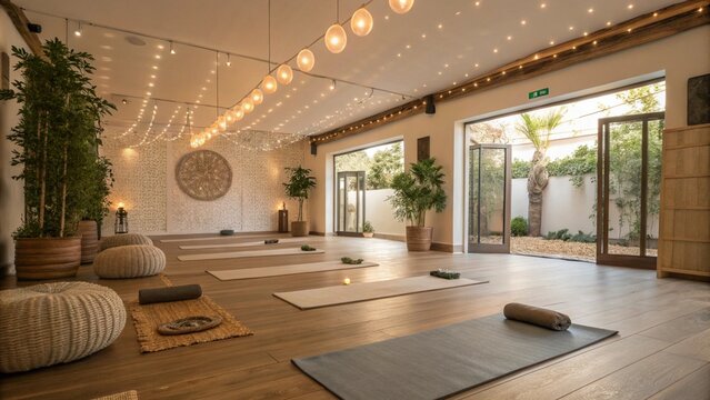 A spacious, serene yoga studio filled with natural light and warm, inviting decor. The studio has individual yoga mats and bolsters laid out across a wooden floor, ready for a yoga or meditation sessi