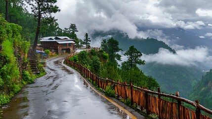 Fototapeta premium A narrow road along a steep cliff with wooden fences lining it, leading towards a house surrounded by forested areas atop the mountains. It’s a rainy day with white clouds covering most of the sky