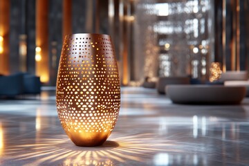 Illuminated Ornamental Copper Lamp in a Modern Lobby
