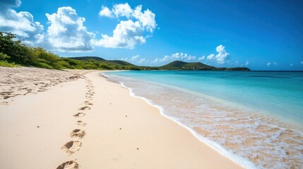 Fototapeta premium Sunny beach with footprints in the sand, representing a relaxing Sunday getaway