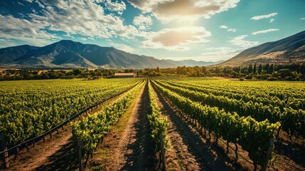 Naklejka premium a sprawling vineyard in Argentina, with lush green grapevines stretching across rolling hills under a bright blue sky.