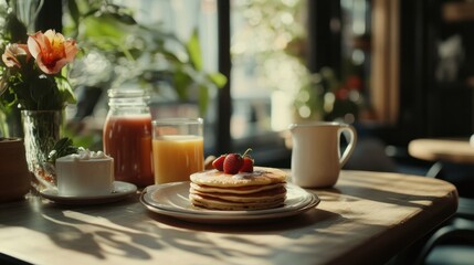 Sunny brunch table with pancakes, coffee, and fresh juice, symbolizing Sunday gatherings