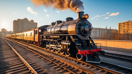 Naklejka premium Historic steam locomotive traveling along railway tracks in an urban setting during sunset