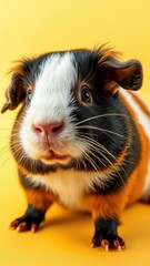 A black, white, and orange guinea pig looks directly at the camera, its paws on a bright yellow surface
