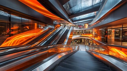 Fototapeta premium Busy escalator in a large shopping center, motion blur effect, high ceiling with glass panels, minimalistic interior, fast-paced city life